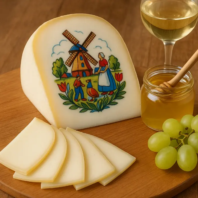 Queso Gouda con Leche de  Cabra - Semiduro, con carácter delicado y un matiz herbal característico de la leche de cabra.