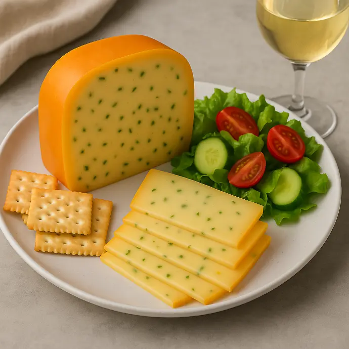 Queso Gouda con Cebollín - Semiduro con hierbas frescas, perfil aromático herbal y delicado.