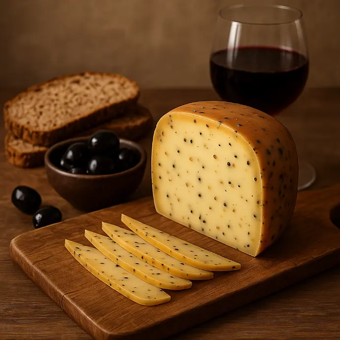 Queso Gouda con  Pimienta Negra - Semiduro con granos de pimienta, sabor especiado con un ligero picor.